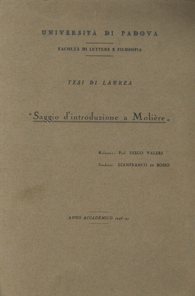 En-tête du mémoire de maîtrise de Gianfranco de Bosio, Essai d’introduction à Molière.
